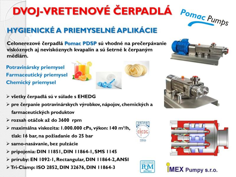Hygienické a priemyselné aplikácie dvoj-vretenových čerpadiel Pomac PDSP